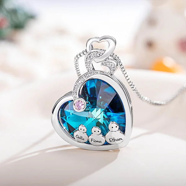 Personalised Snowman Family Heart Necklace with Engraved Names and Birthstone Jewellery