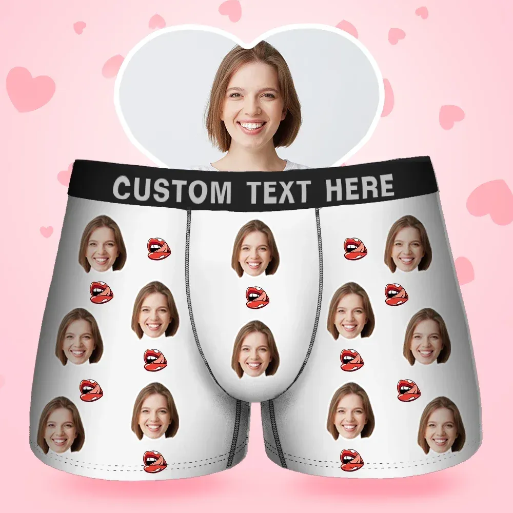 Father's Day Gifts Custom Face Men's Boxer Kiss Lip Gift For Him Couple Style Underwear, Birthday Gifts for Husband, Waistband Text Boxer Gift