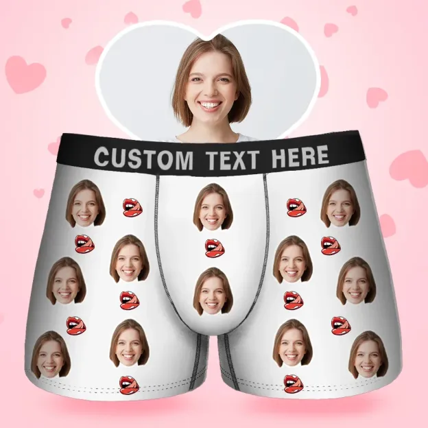 Father's Day Gifts Custom Face Men's Boxer Kiss Lip Gift For Him Couple Style Underwear, Birthday Gifts for Husband, Waistband Text Boxer Gift