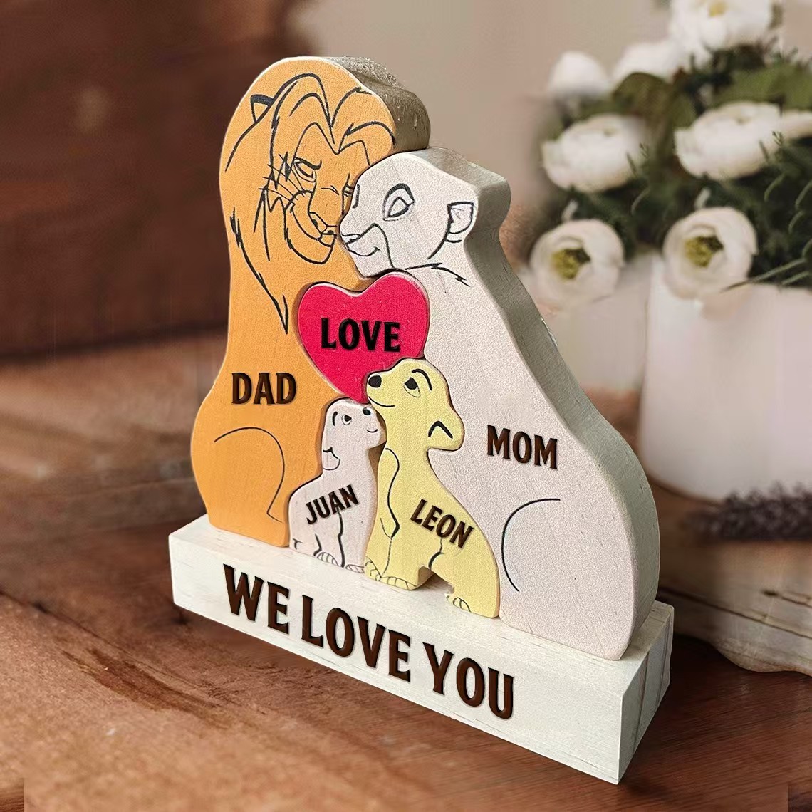 Lion Family Members Custom Carved Wooden Jigsaw Puzzle, Family Gift