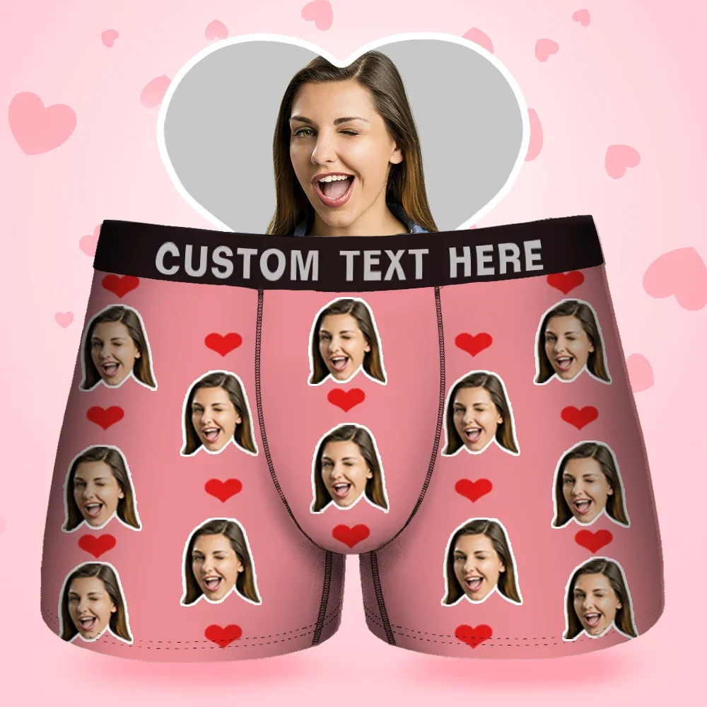 Custom Face Men's Boxer Sweet Heart Love Style Underwear, Birthday Gifts for Husband, Waistband Text Boxer Gift