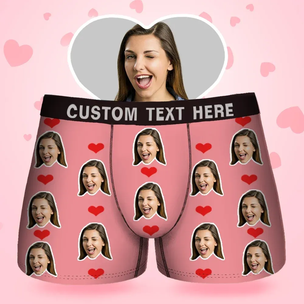 Custom Face Men's Boxer Sweet Heart Love Style Underwear, Birthday Gifts for Husband, Waistband Text Boxer Gift