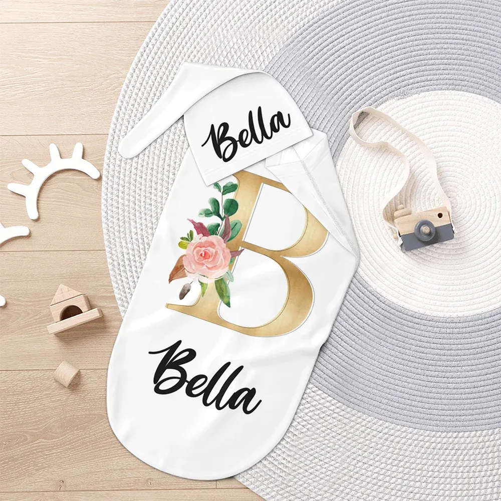 Personalized Multicolor 100% Cotton Flower Initials Swaddle and Bonnet Set Newborn Baby Christening Birthday Gift