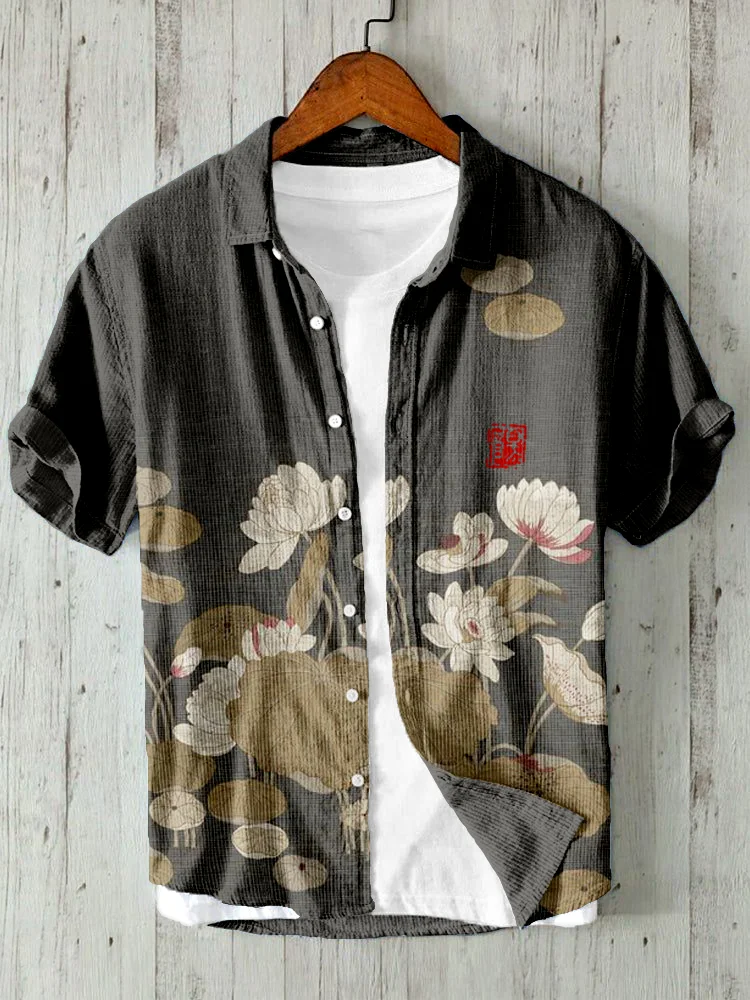 Vintage Lotus Flower Art Linen Blend Comfy Shirt