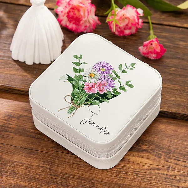 Personalized Leather Name Travel Jewelry Box with Watercolor Birth Flowers Bouquet Portable Jewelry Case for Women Girls