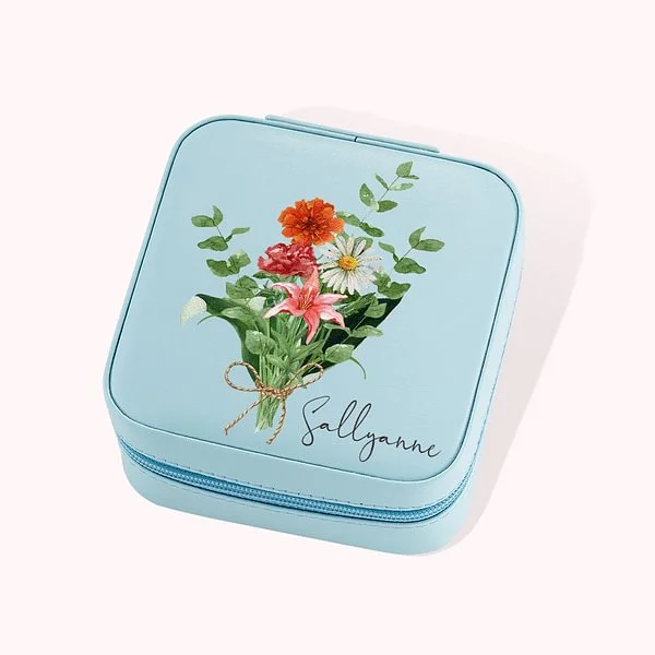 Personalized Leather Name Travel Jewelry Box with Watercolor Birth Flowers Bouquet Portable Jewelry Case for Women Girls