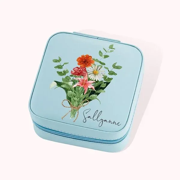 Personalized Leather Name Travel Jewelry Box with Watercolor Birth Flowers Bouquet Portable Jewelry Case for Women Girls