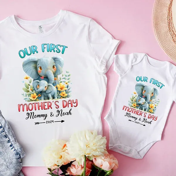 Personalized Cute Elephant Our First Mother's Day Cotton T-shirt with Text First Mother's Day Birthday Gift for New Mommy
