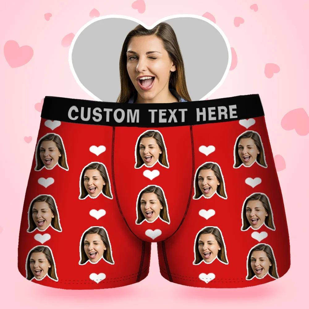 Custom Face Men's Boxer Sweet Heart Love Style Underwear, Birthday Gifts for Husband, Waistband Text Boxer Gift