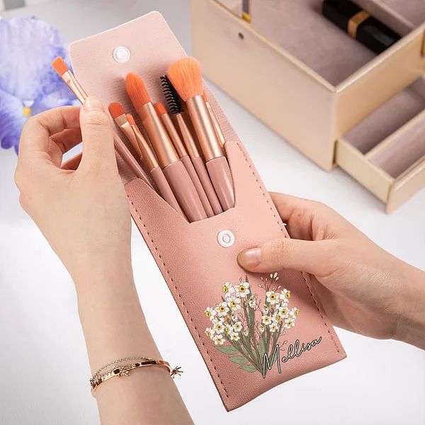 Personalized Birth Flower Bouquet Makeup Brush Bag Portable Travel Cosmetic Organizer with 8 Makeup Brushes Bridal Party Birthday Gift for Her