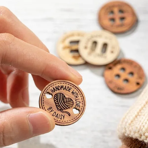Personalized Handmade with Love Wooden Buttons Set of 10 Clothing Labels Gift for Mother Grandma Knitting Crocheting Lovers