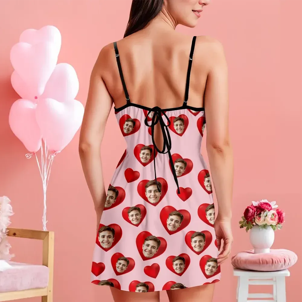 Custom Face Women Lace Suspender Sleepwear Personalized Heart V-neck Multi-Color Nightwear