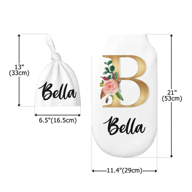 Personalized Multicolor 100% Cotton Flower Initials Swaddle and Bonnet Set Newborn Baby Christening Birthday Gift
