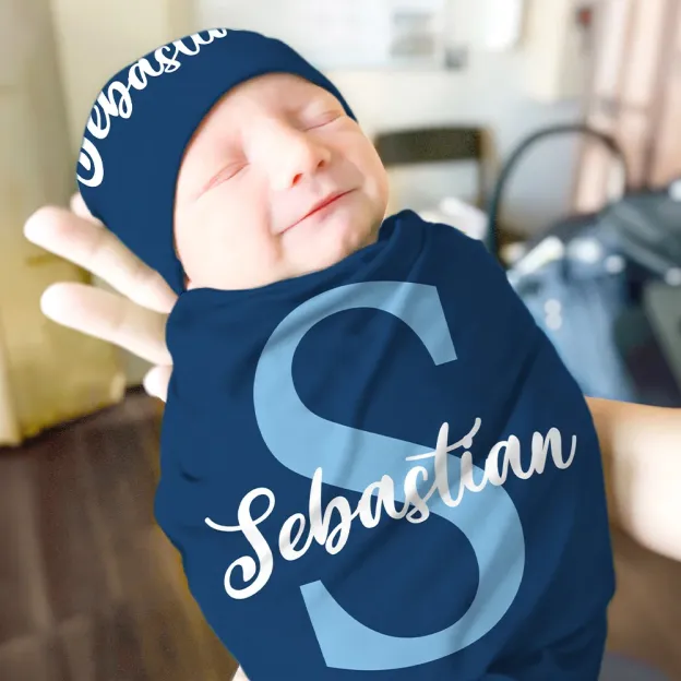 Personalized Multicolor 100% Cotton Flower Initials Swaddle and Bonnet Set Newborn Baby Christening Birthday Gift