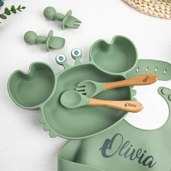 Personalized Food Grade Silicone Baby Feeding Set with Crab Shape Divided Suction Plate Baby Led Weaning Supplies for Kid Toddler Dinnerware