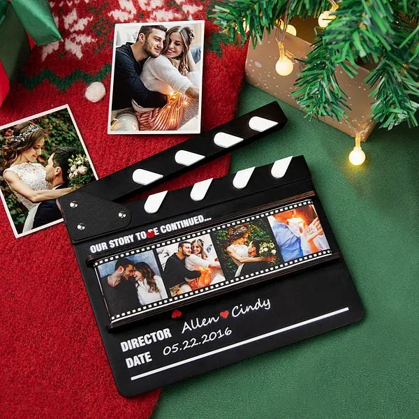 Personalized Rolling Photos Wooden Ornament with Film Clapperboard Design Anniversary Valentine's Day Romantic Gift for Couple