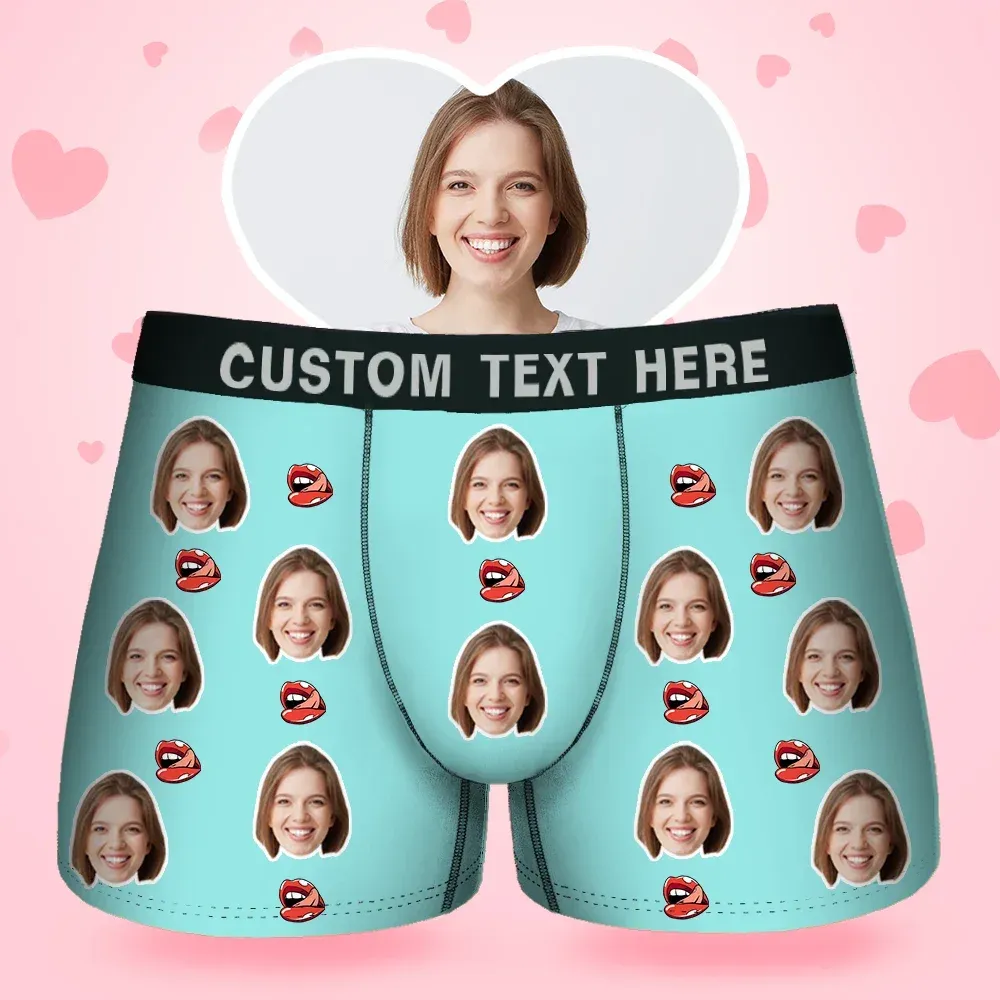 Father's Day Gifts Custom Face Men's Boxer Kiss Lip Gift For Him Couple Style Underwear, Birthday Gifts for Husband, Waistband Text Boxer Gift