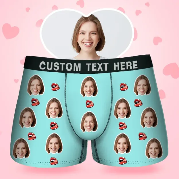 Father's Day Gifts Custom Face Men's Boxer Kiss Lip Gift For Him Couple Style Underwear, Birthday Gifts for Husband, Waistband Text Boxer Gift