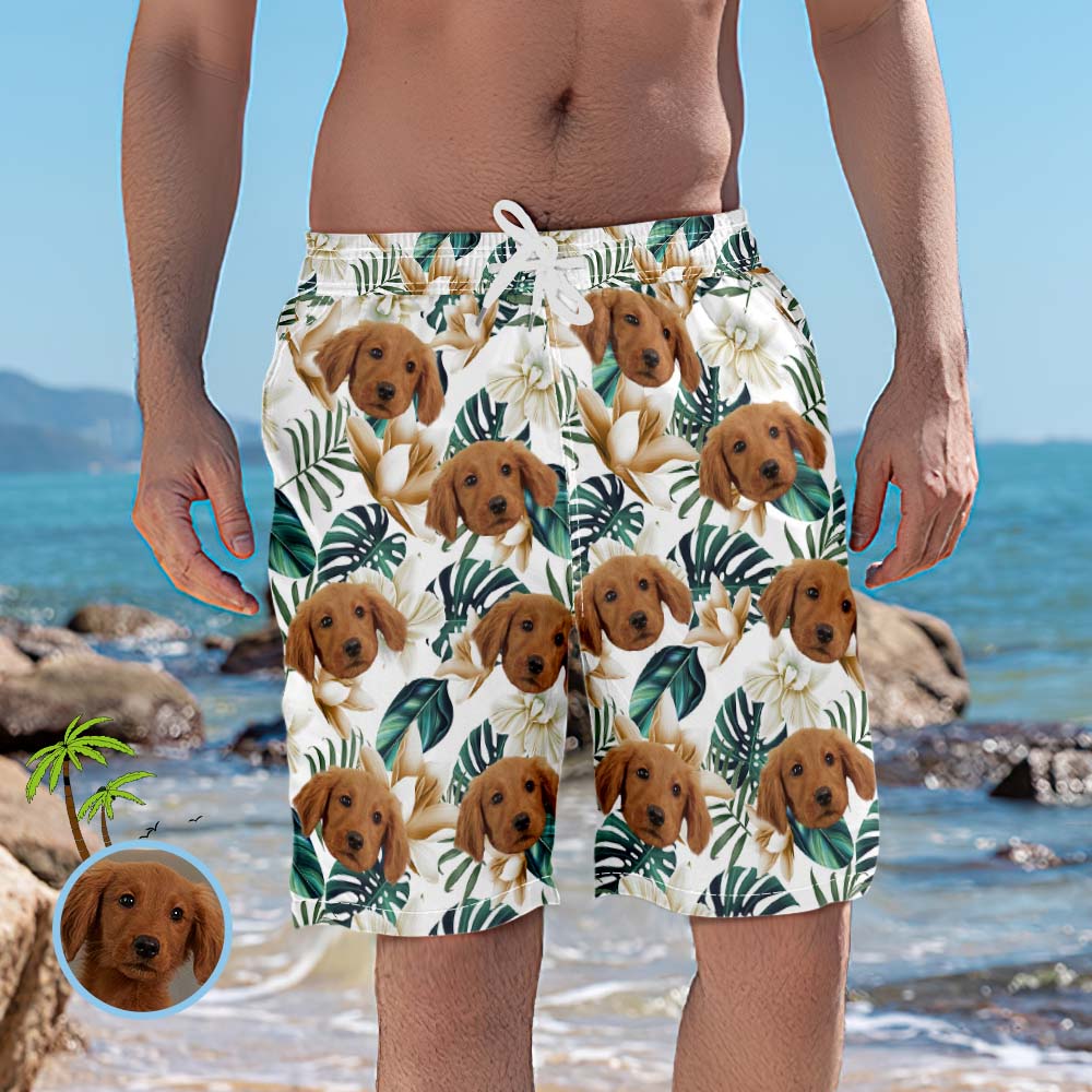 Men's Custom Face Beach Trunks Leaves Style Photo Beach Shorts Gift for Pet Lovers