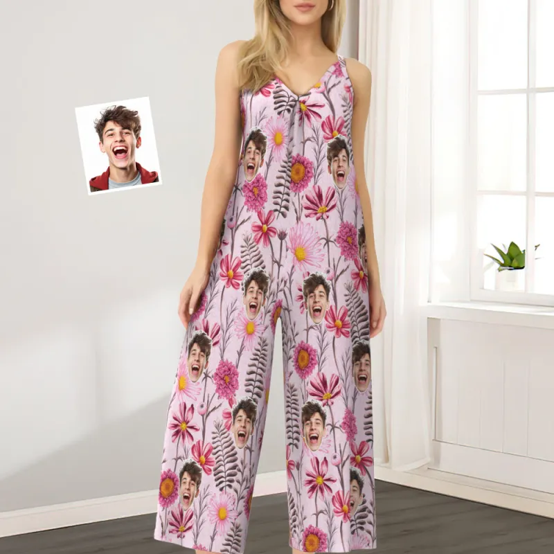 Custom Face Loose Jumpsuit With Wide Leg Pink Flowers Rompers