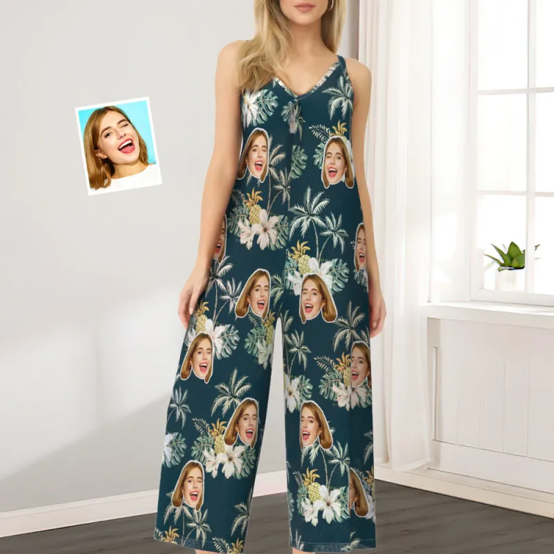 Custom Face Loose Jumpsuit With Wide Leg Funky Vintage Coconut Tree Rompers