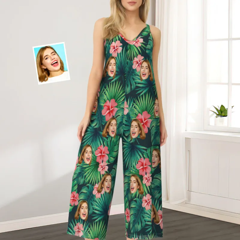 Custom Face Loose Jumpsuit With Wide Leg Red Flowers Rompers