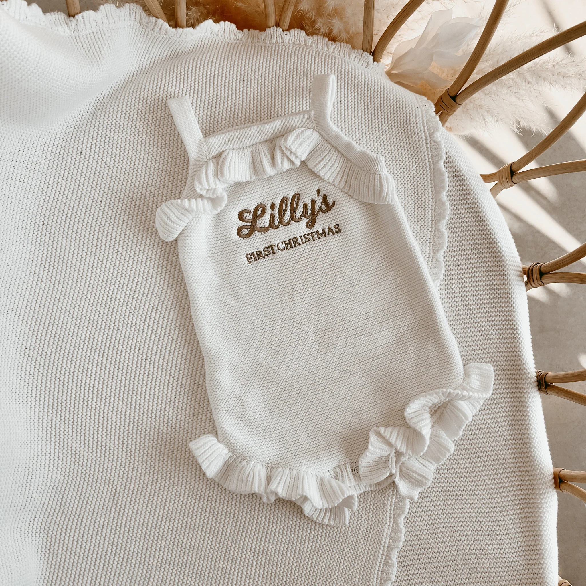 Personalised First Christmas Frill Knit Romper - Milk