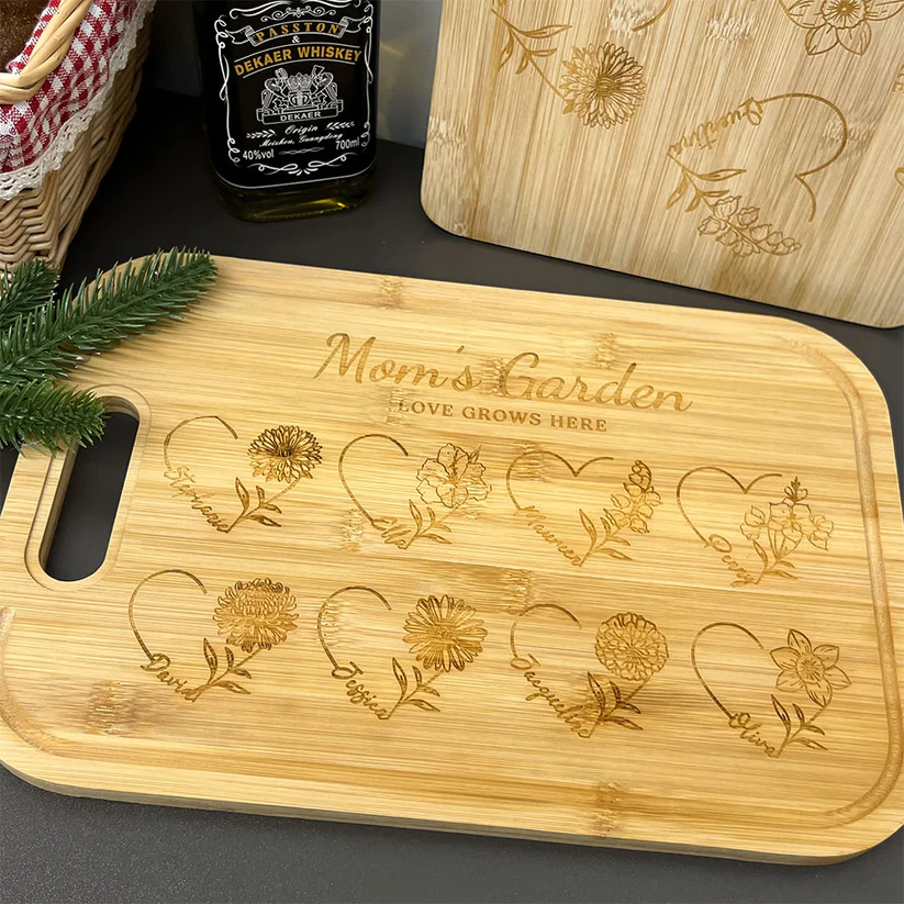 Customized Mom's Garden Cutting Board With Heart Birth Flowers Names