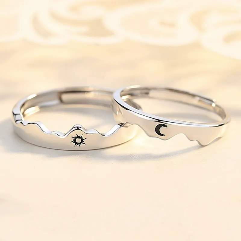 Sun, Moon, Mountains and Sea Couple Rings, a pair of open rings