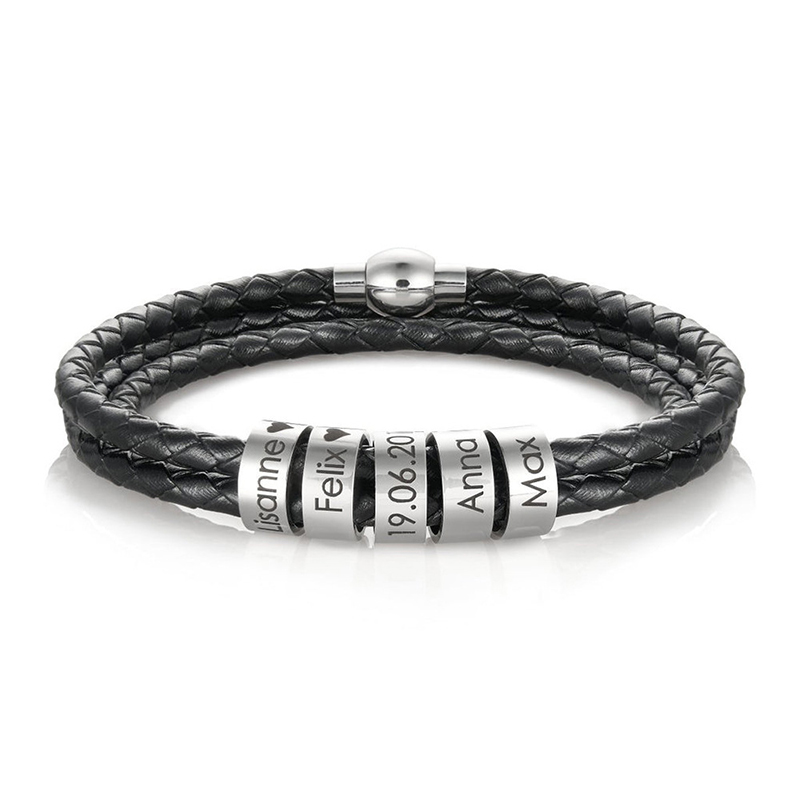 Stainless steel round head engraved diy triple leather bracelet