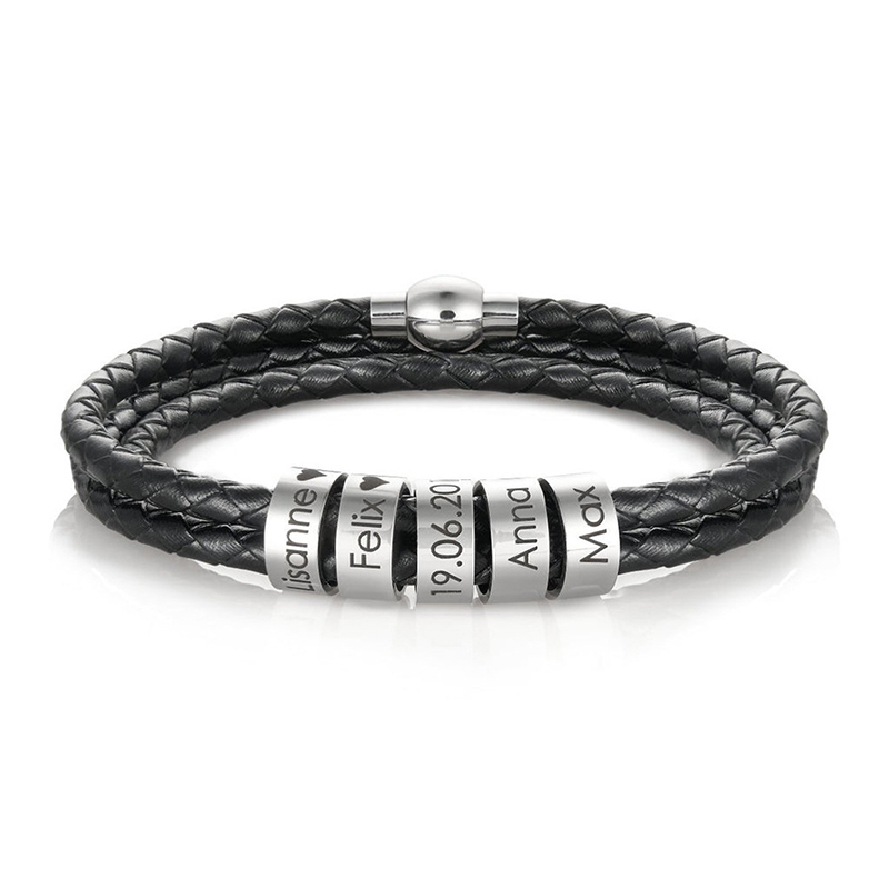 Stainless steel round head engraved diy triple leather bracelet