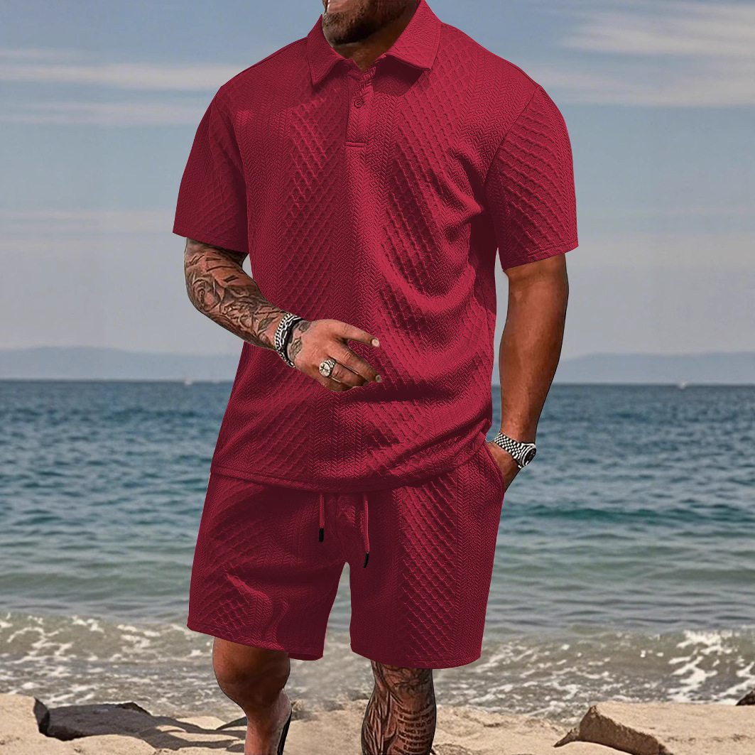 Men's Solid Color Short Sleeve Polo Shirt and Drawstring Waist Shorts Set