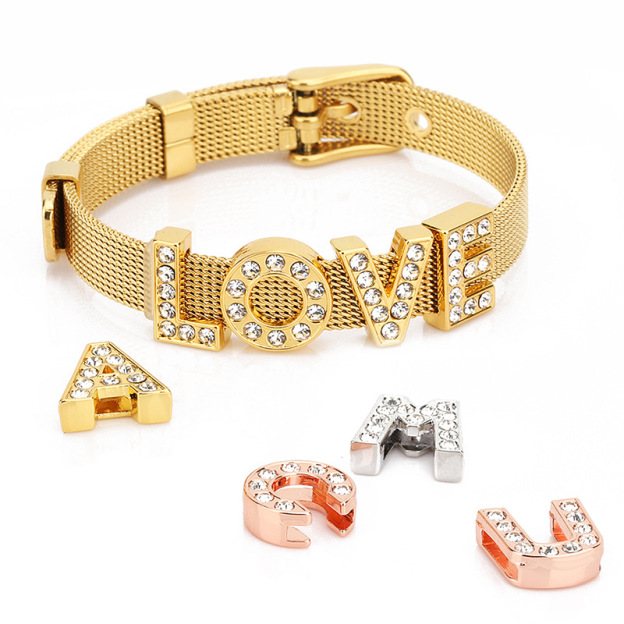 DIY Alphabet Bracelet Niche Design English Full Diamonds Stainless Steel Strap