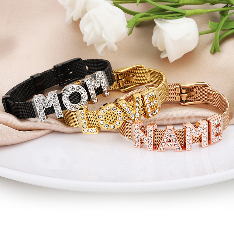 DIY Alphabet Bracelet Niche Design English Full Diamonds Stainless Steel Strap
