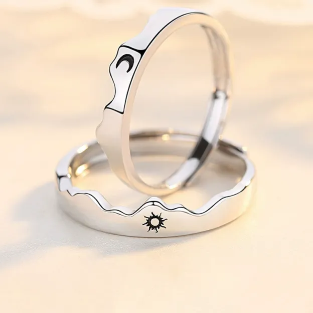 Sun, Moon, Mountains and Sea Couple Rings, a pair of open rings