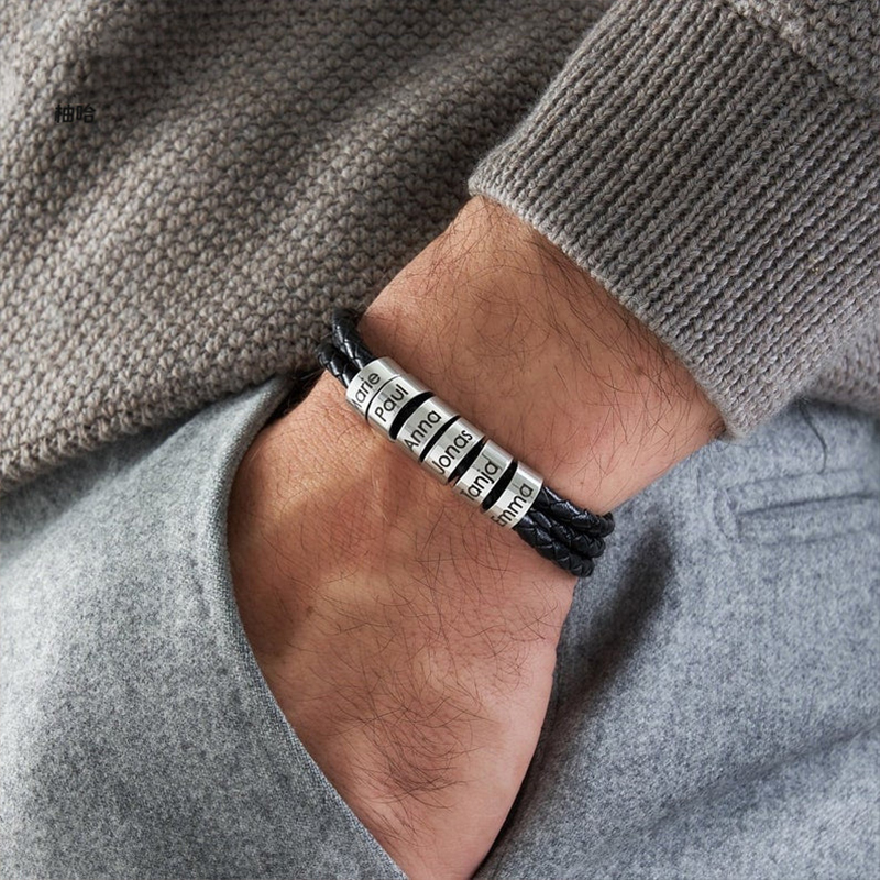 Stainless steel round head engraved diy triple leather bracelet