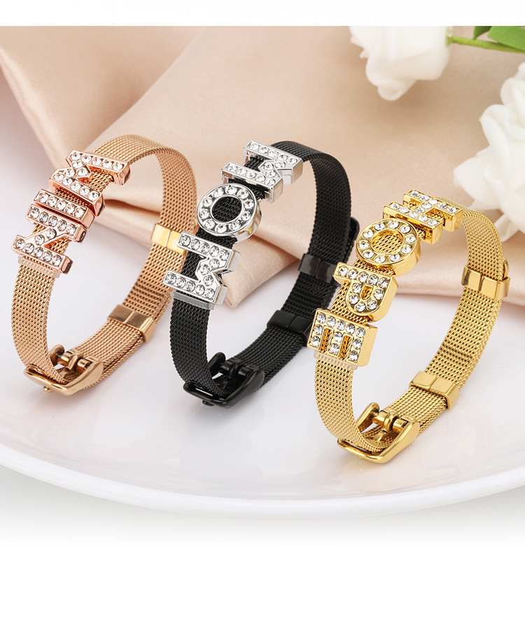 DIY Alphabet Bracelet Niche Design English Full Diamonds Stainless Steel Strap