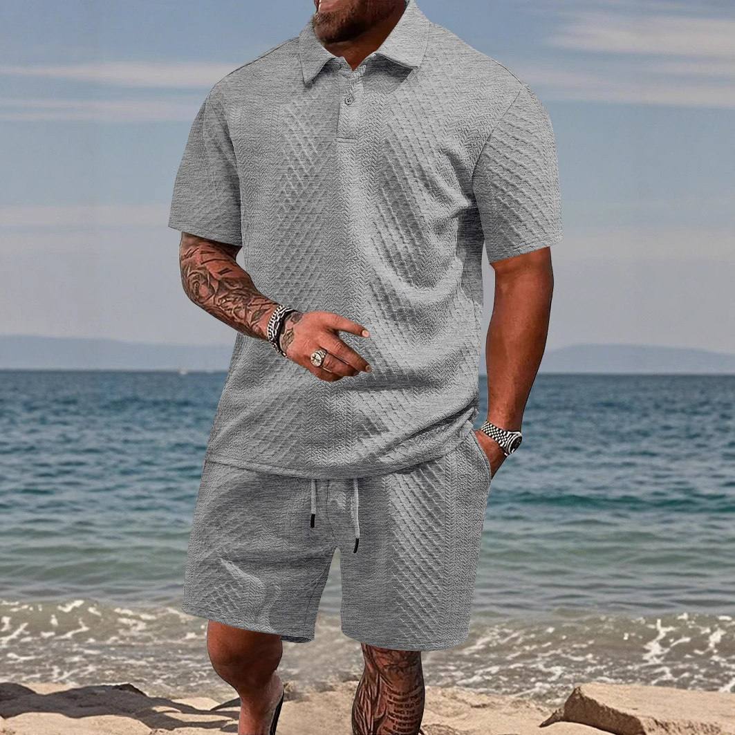 Men's Solid Color Short Sleeve Polo Shirt and Drawstring Waist Shorts Set