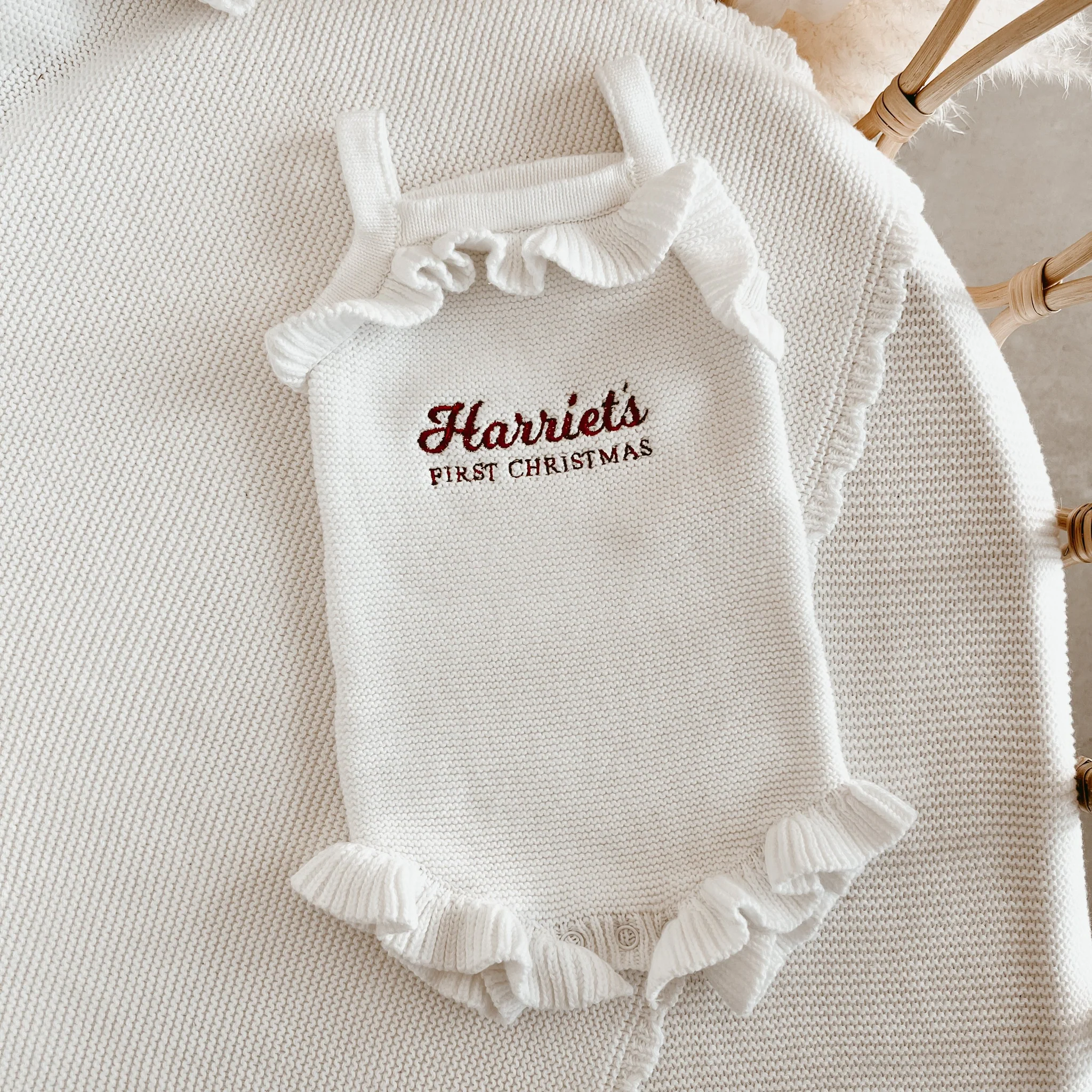 Personalised First Christmas Frill Knit Romper - Milk