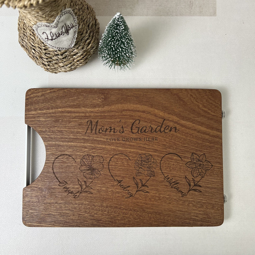 Customized Mom's Garden Cutting Board With Heart Birth Flowers Names