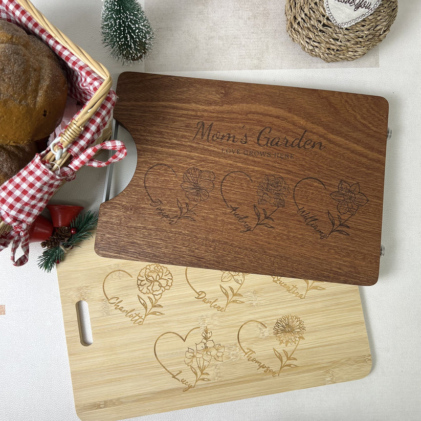 Customized Mom's Garden Cutting Board With Heart Birth Flowers Names