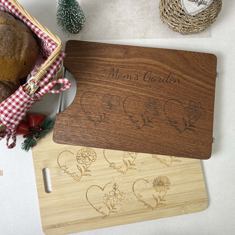 Customized Mom's Garden Cutting Board With Heart Birth Flowers Names