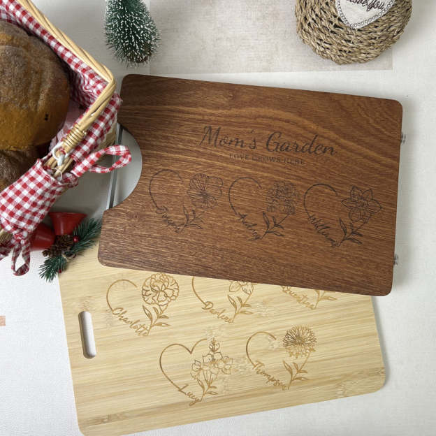 Customized Mom's Garden Cutting Board With Heart Birth Flowers Names