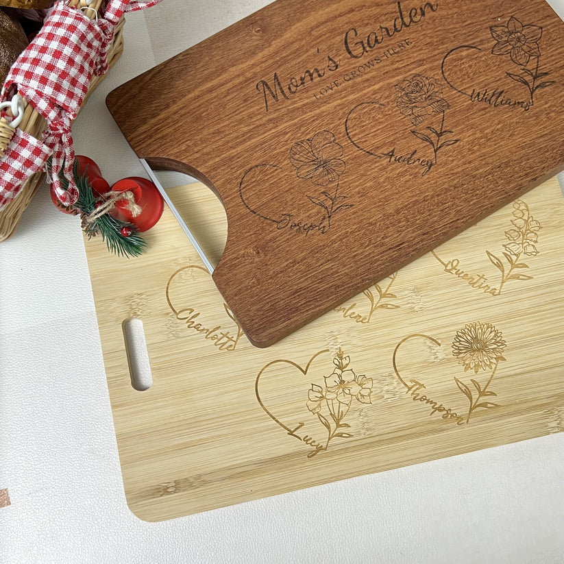 Customized Mom's Garden Cutting Board With Heart Birth Flowers Names