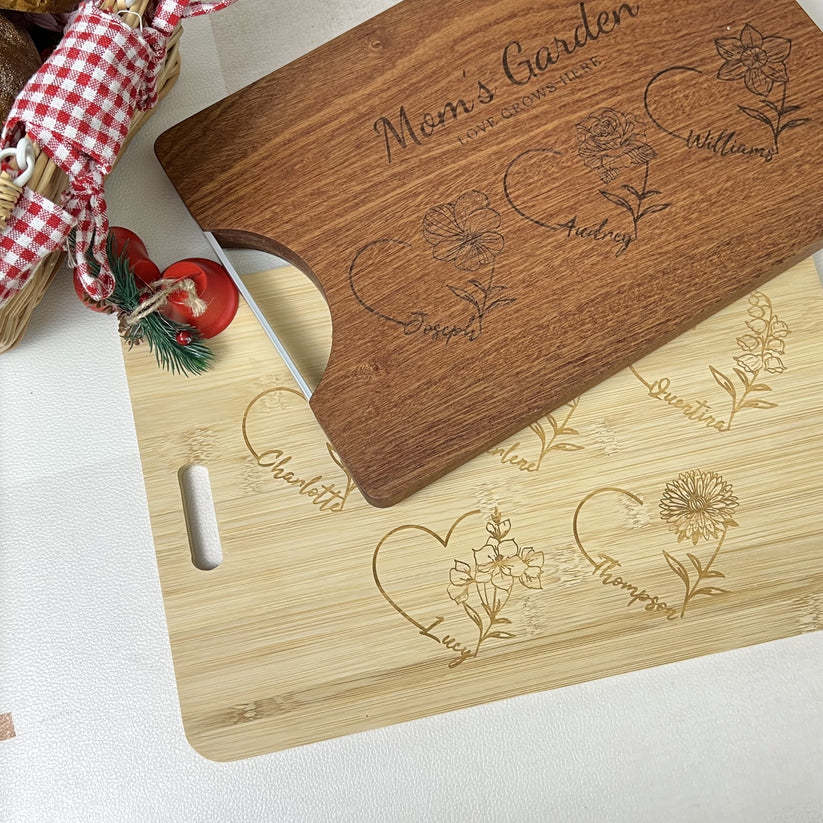 Customized Mom's Garden Cutting Board With Heart Birth Flowers Names