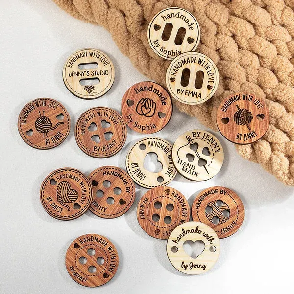 Personalized Handmade with Love Wooden Buttons Set of 10 Clothing Labels Gift for Mother Grandma Knitting Crocheting Lovers