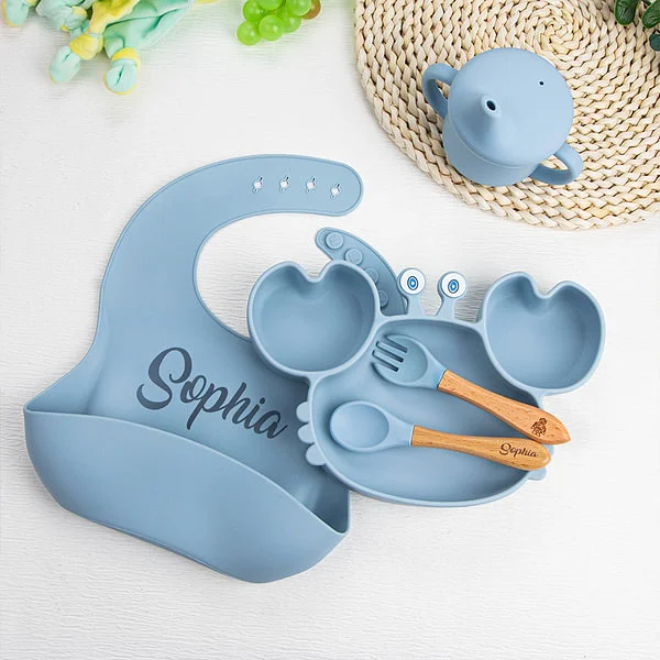 Personalized Food Grade Silicone Baby Feeding Set with Crab Shape Divided Suction Plate Baby Led Weaning Supplies for Kid Toddler Dinnerware