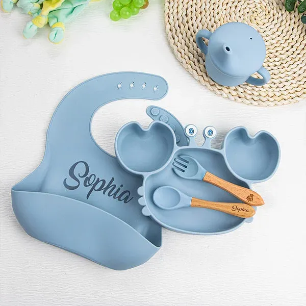 Personalized Food Grade Silicone Baby Feeding Set with Crab Shape Divided Suction Plate Baby Led Weaning Supplies for Kid Toddler Dinnerware
