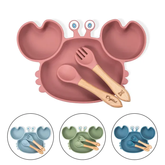 Personalized Food Grade Silicone Baby Feeding Set with Crab Shape Divided Suction Plate Baby Led Weaning Supplies for Kid Toddler Dinnerware