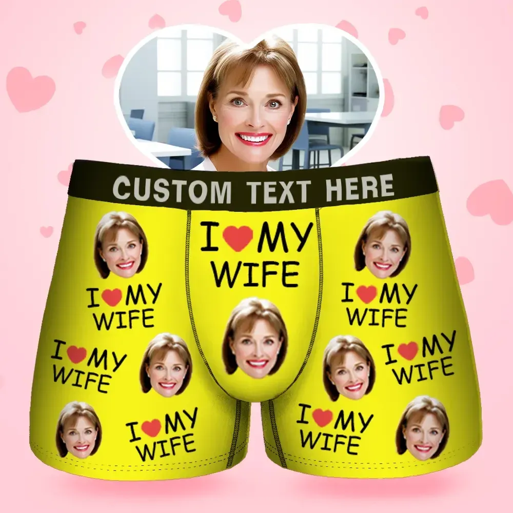 Custom Face Men's Boxer I Love My Wife Style Underwear, Birthday Gifts for Husband, Waistband Text Boxer Gift